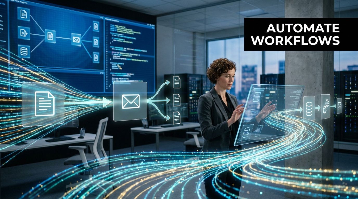 A professional woman interacting with a digital interface to automate workflows with data and email processes.