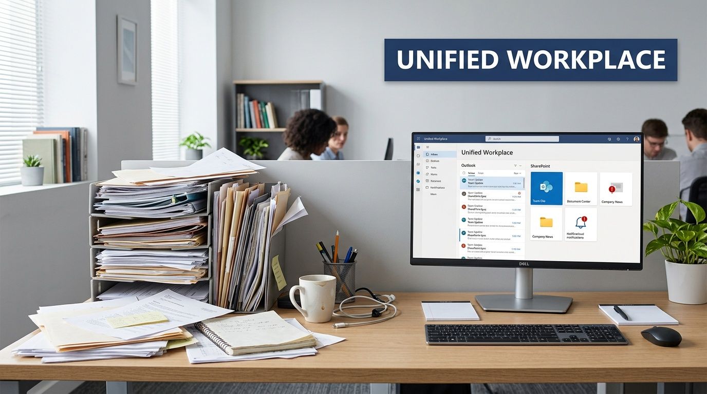 A clean office workspace featuring a computer monitor displaying a unified digital workplace software interface with documents.