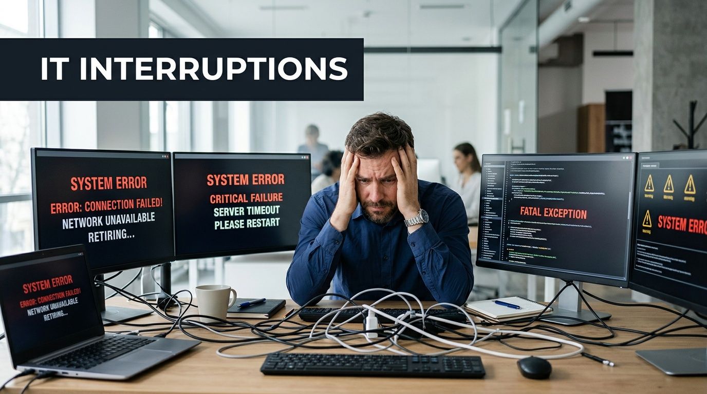 Stressed IT professional holding his head in despair while surrounded by multiple computer screens displaying critical error messages.