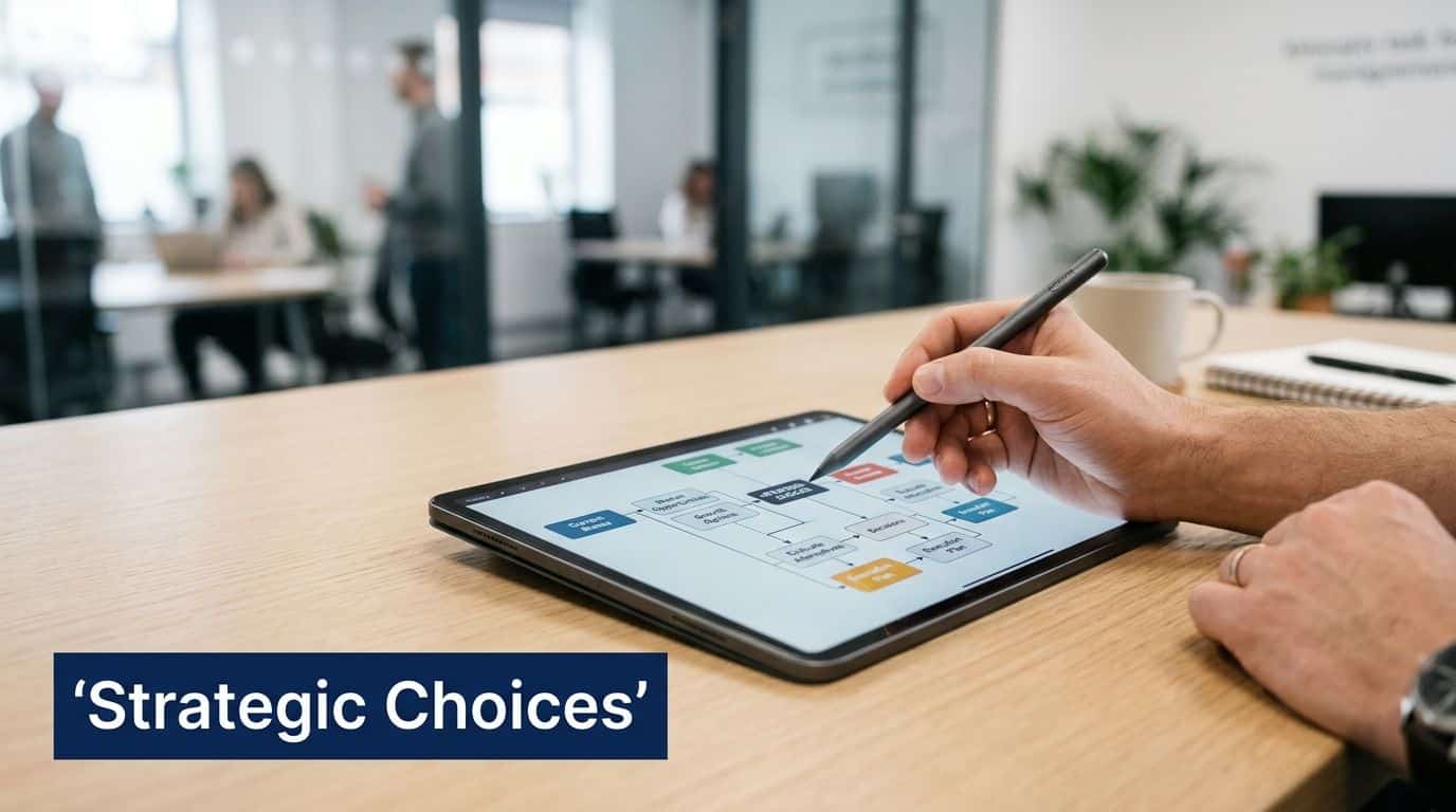 A person using a digital pen on a tablet to review a strategic business plan workflow diagram.