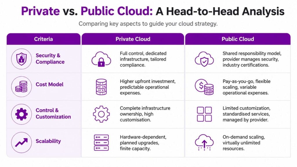 - Pioneering IT Solutions | F1Group in Lincoln & Nottingham A comparison chart outlining key differences between private cloud and public cloud infrastructure for business strategy.