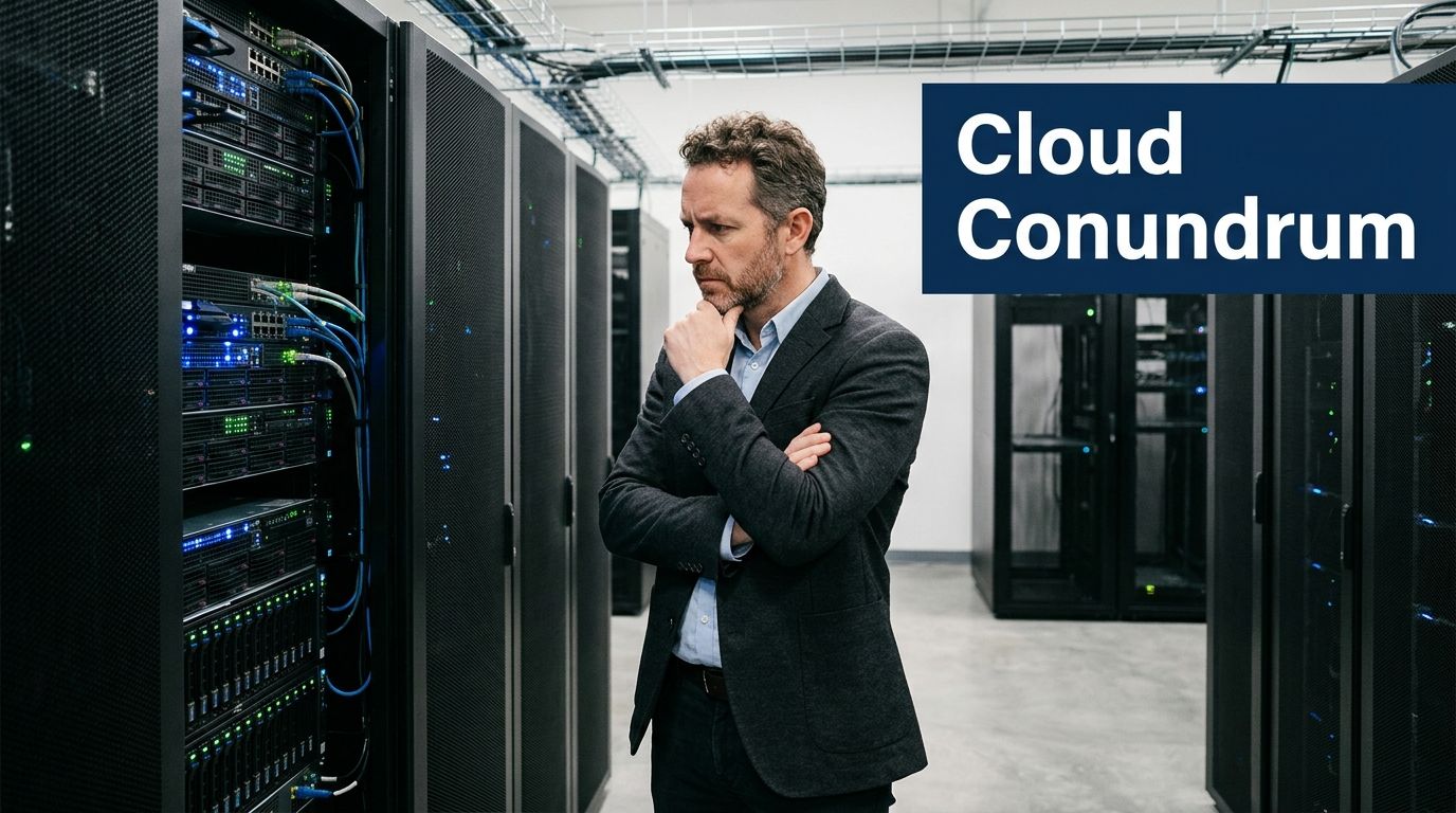 A pensive professional in a suit standing in a server room, pondering complex IT infrastructure decisions.