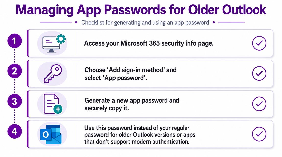 A four-step checklist graphic illustrating how to generate and use app passwords for older Microsoft Outlook versions.
