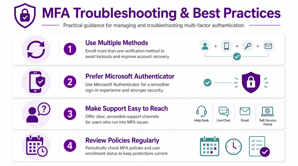 An infographic titled MFA Troubleshooting and Best Practices showing four steps for managing multi-factor authentication effectively.