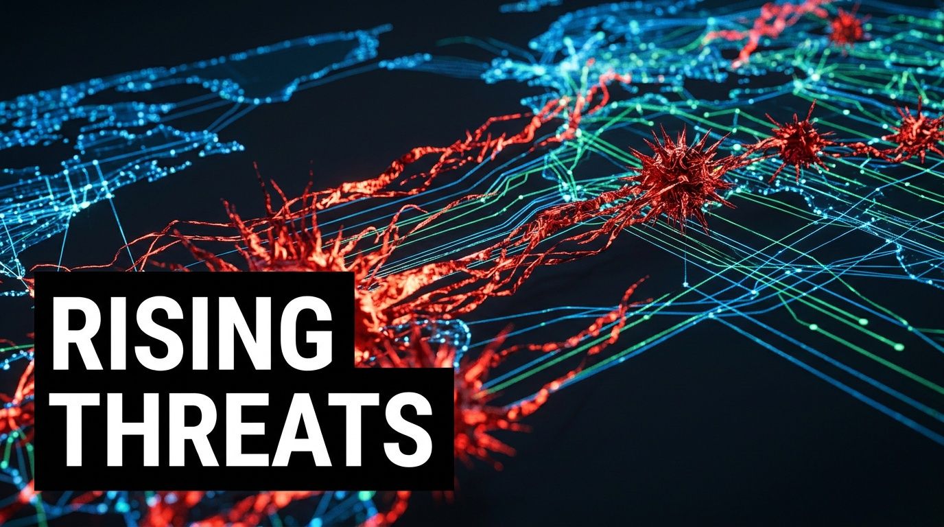 A digital graphic depicting a glowing network map being infected by red spiked virus-like cyber threats.