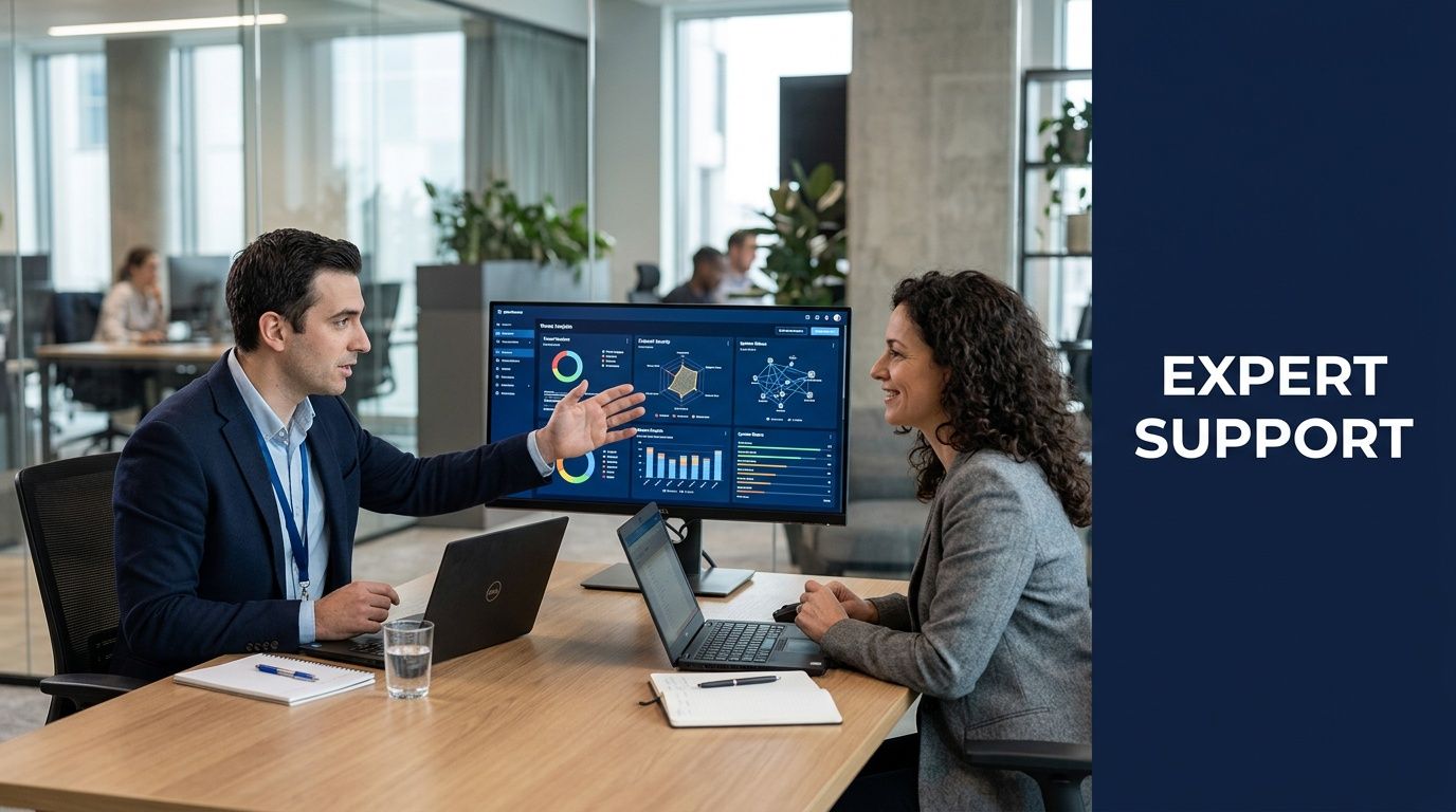 A professional man and woman discussing digital security metrics on computer monitors in a modern office environment.