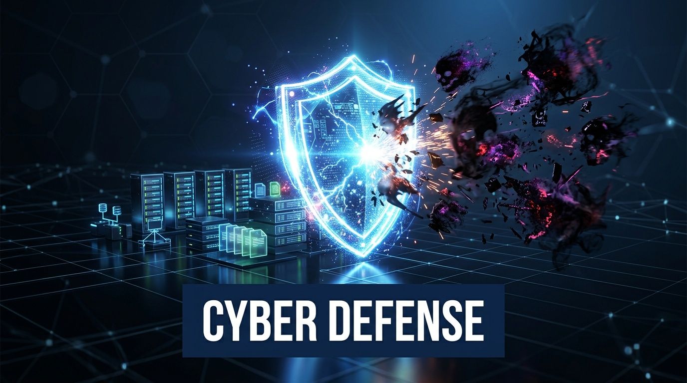 A digital shield protecting server racks from dark, ghostly cyber attack threats in a high-tech environment.