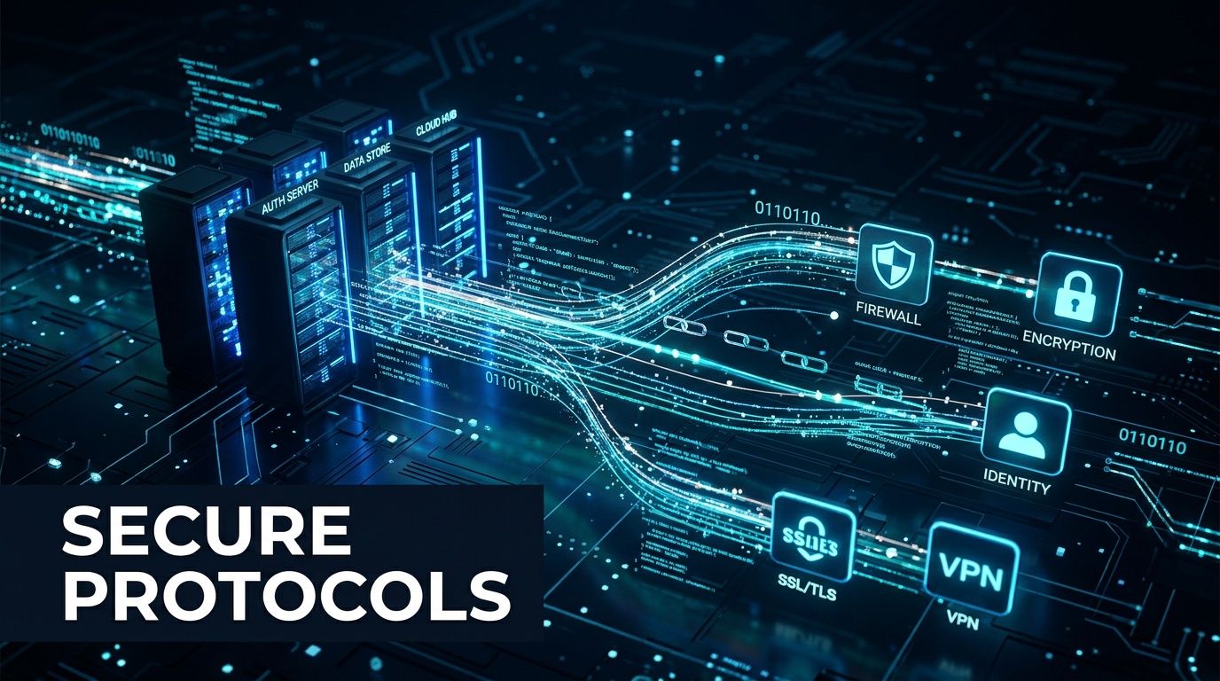 A digital graphic illustrating secure protocols for network security with data streaming from servers to icons.