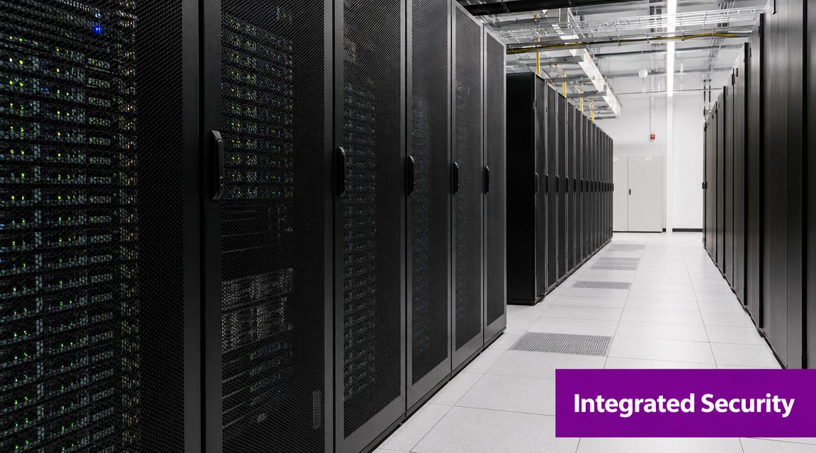 A modern data center aisle featuring rows of black server racks with visible blinking indicator lights.
