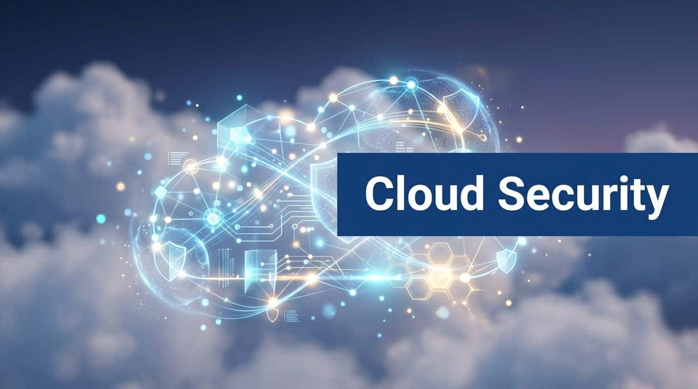 A digital graphic featuring glowing interconnected cloud computing nodes and abstract shield icons representing cloud security.