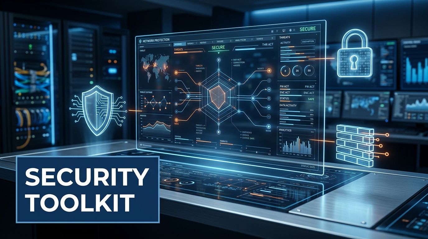 A digital interface displaying network security metrics, firewall status, and threat analysis in a modern server room.