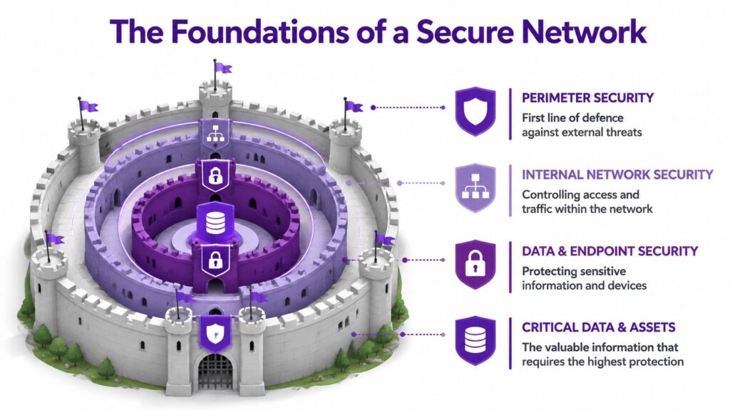 - Pioneering IT Solutions | F1Group in Lincoln & Nottingham An infographic representing network security layers as a fortress with four levels of defence and protection.