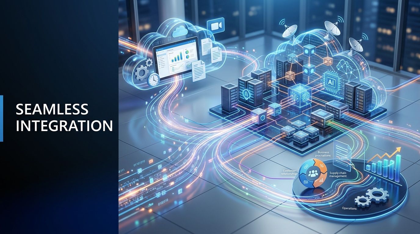A digital illustration showing interconnected cloud computing servers, data streams, and business analytics integration for seamless automation processes.