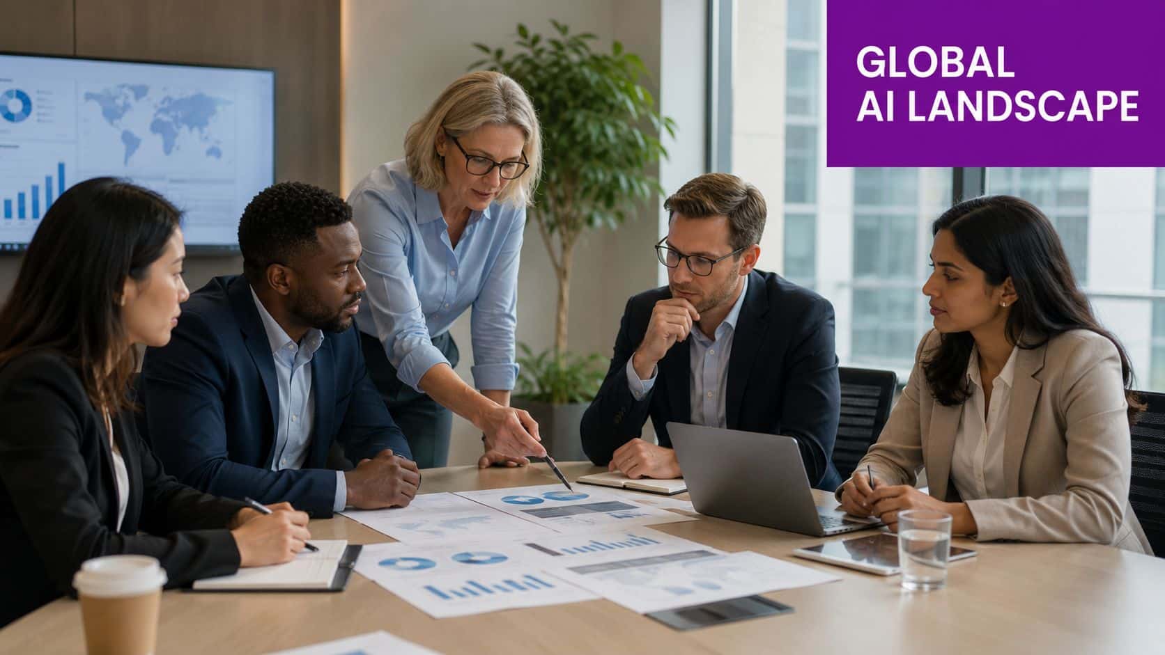 A diverse group of professionals reviewing data and charts during a business meeting about artificial intelligence.