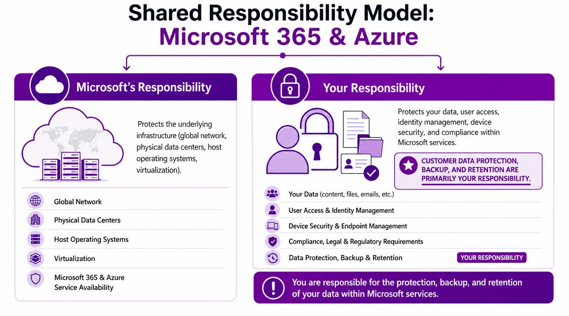 An infographic showing the Microsoft and user shared responsibility model for cloud data protection and security.