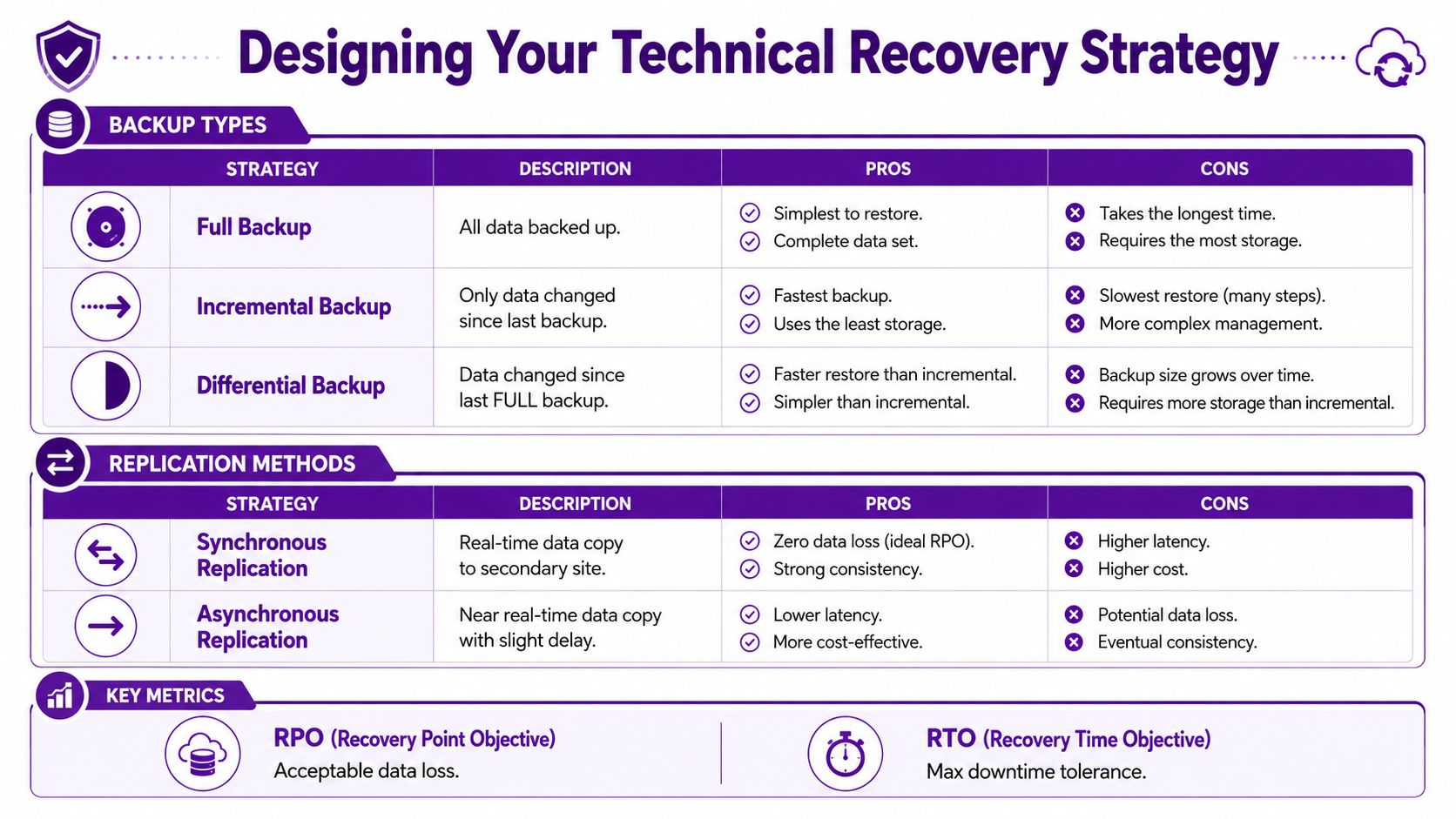 An infographic titled Designing Your Technical Recovery Strategy outlining backup types, replication methods, and key metrics.