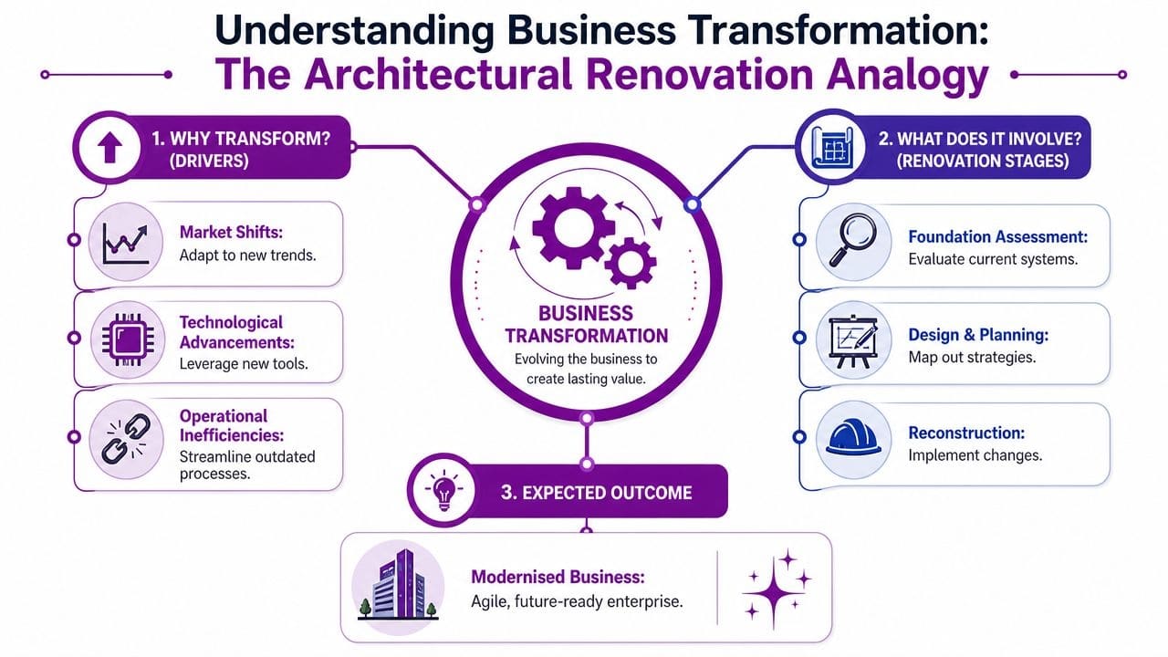 - Pioneering IT Solutions | F1Group in Lincoln & Nottingham A diagram explaining business transformation using an architectural renovation analogy, including drivers, renovation stages, and outcomes.