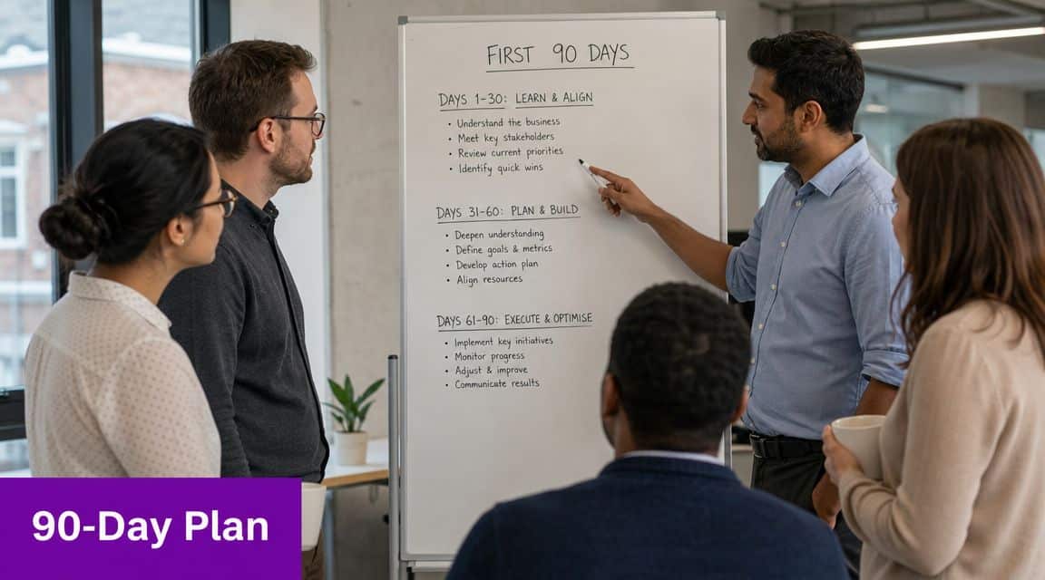 A diverse group of professionals collaborating on a 90-day business plan during a meeting in the office.
