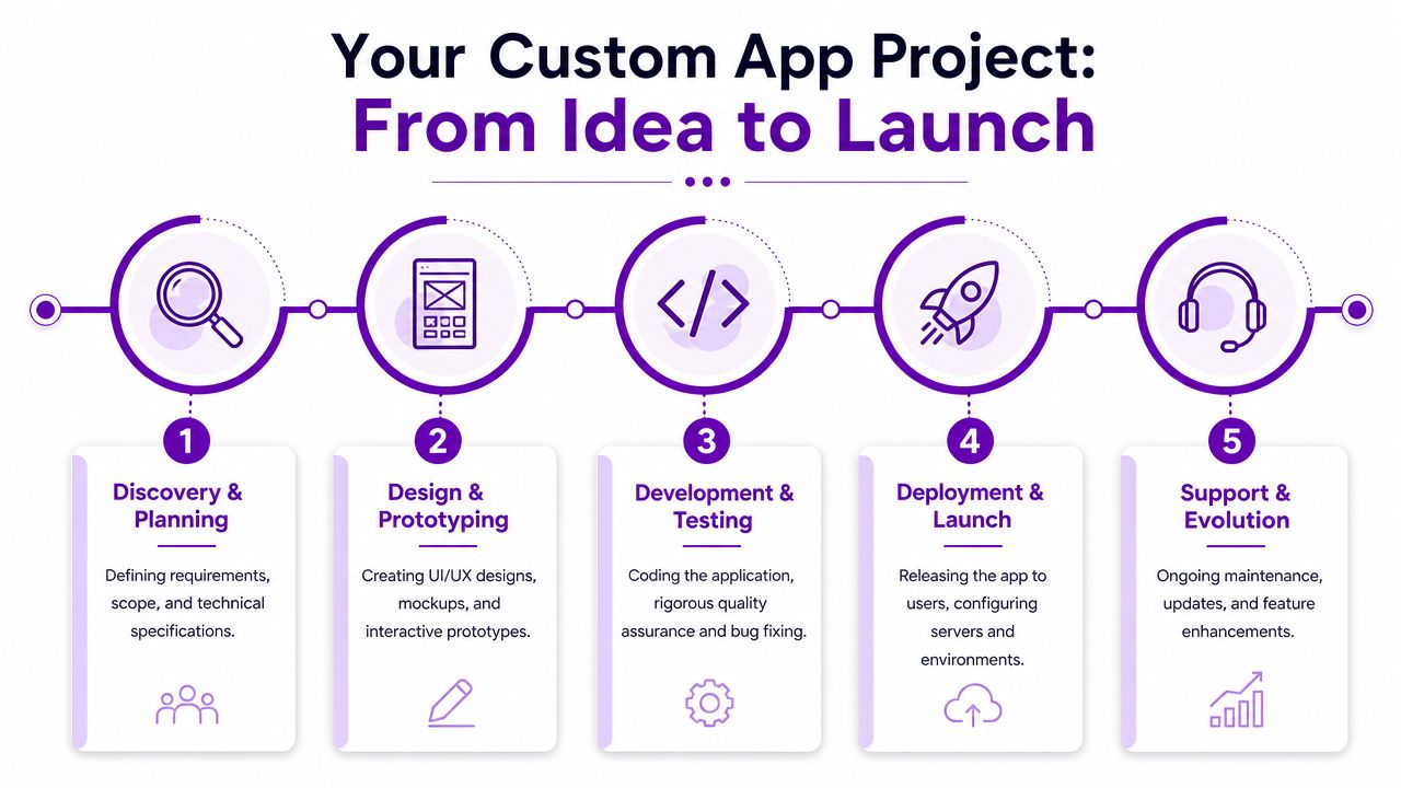 A five-step infographic showing the custom application development process from discovery and planning to ongoing support.