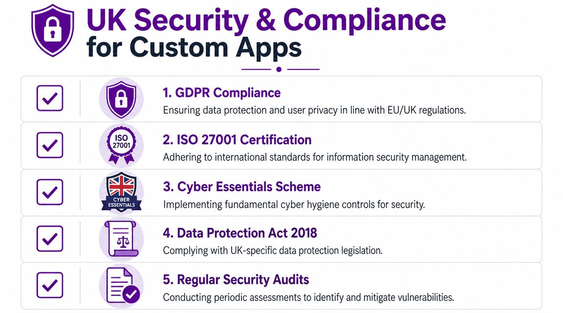 A list outlining the five key pillars of UK security and compliance for custom software development.