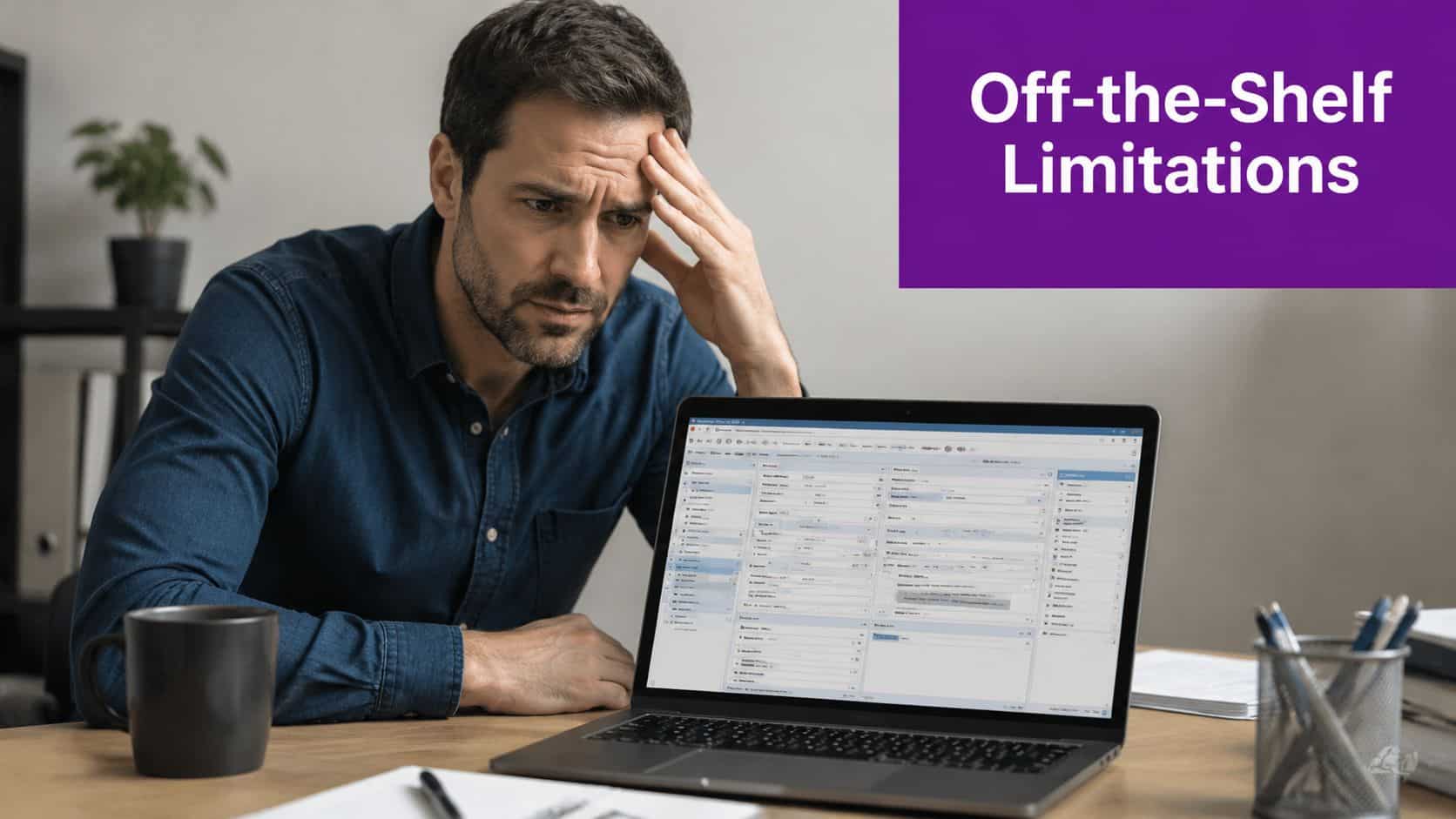 A frustrated man looking at a complex software interface on his laptop screen in an office.