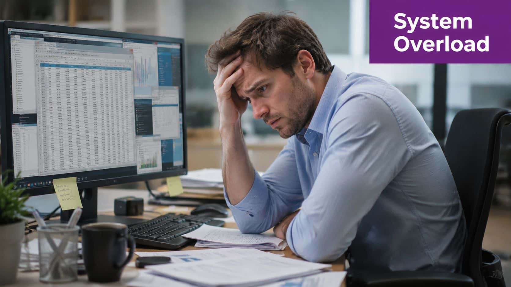 A stressed businessman sitting at his desk, overwhelmed by complex data on his computer monitor.