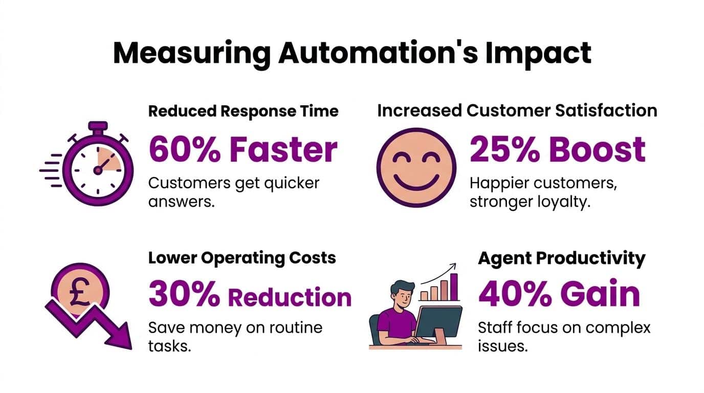An infographic displaying four key benefits of customer service automation including faster responses and higher productivity.