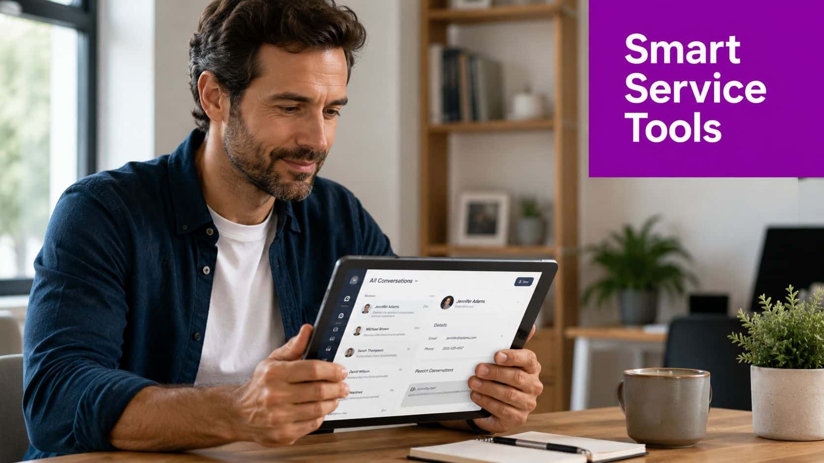 A smiling man sits at a wooden desk using a digital tablet for customer service management tasks.