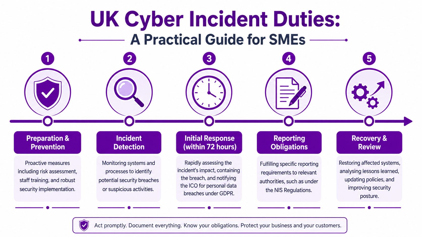 A 5-step infographic guide for UK SMEs on managing cyber security incidents, response, and reporting obligations.