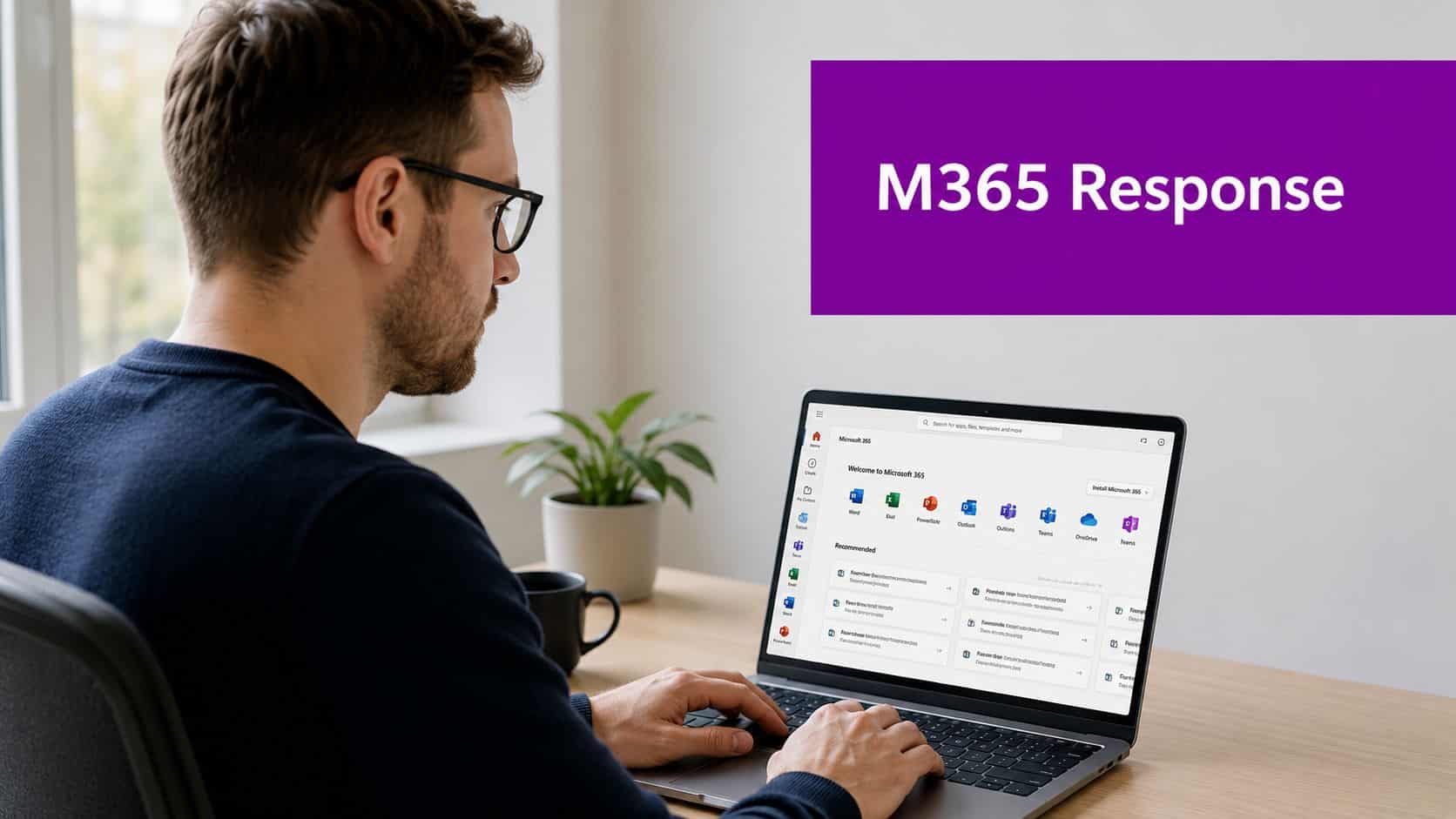 A professional man working on his laptop with the Microsoft 365 dashboard open on the screen.