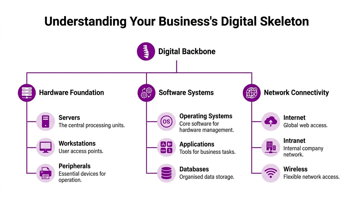 A diagram illustrating a business's digital skeleton including hardware, software systems, and network connectivity components.