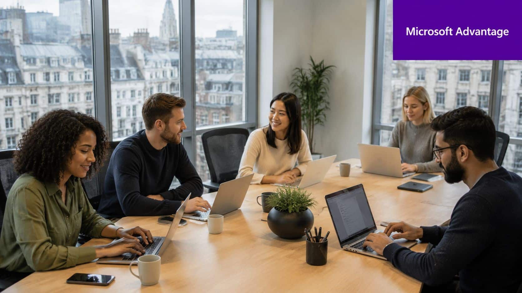 A diverse team of professionals collaborating on their laptops at a wooden conference table in an office.