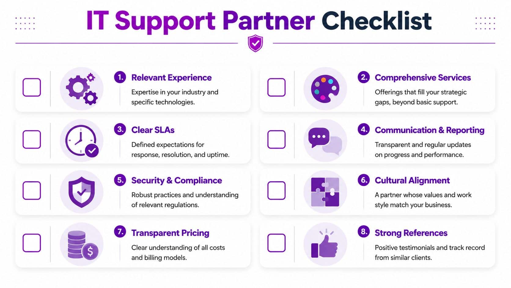 An infographic checklist for selecting an IT support partner with eight essential criteria for businesses.