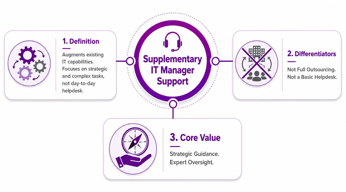 A diagram explaining supplementary IT manager support including definitions, key differentiators, and core value propositions.