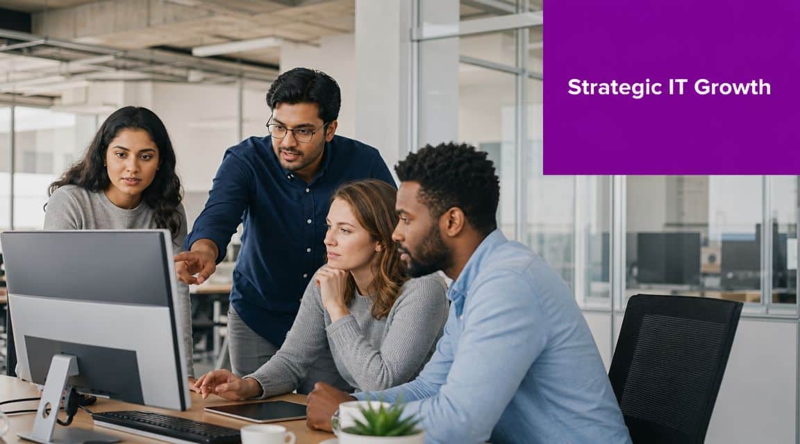 A diverse team of professionals collaborating on a computer screen in a modern office environment.
