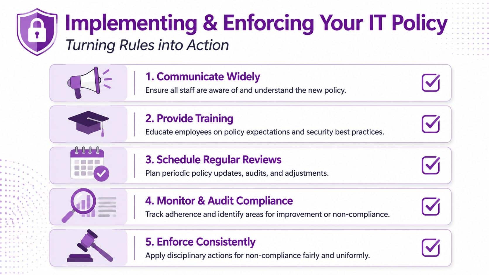 A five-step infographic guide on how to implement and enforce an effective organizational IT security policy.