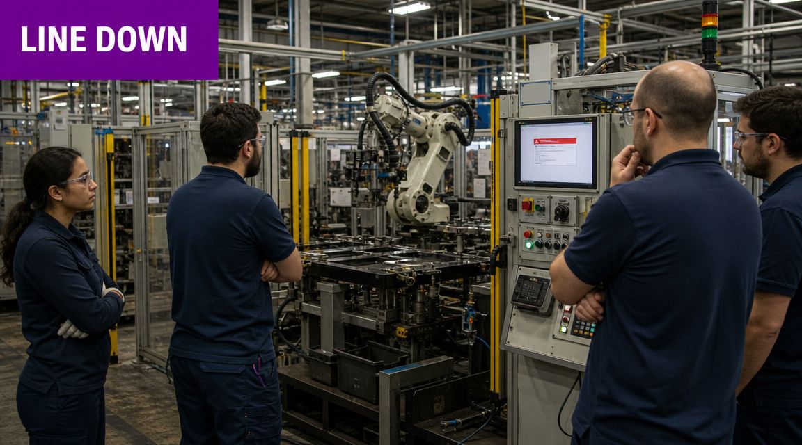 A team of engineers troubleshooting a manufacturing robotic assembly line during an unexpected production shutdown.