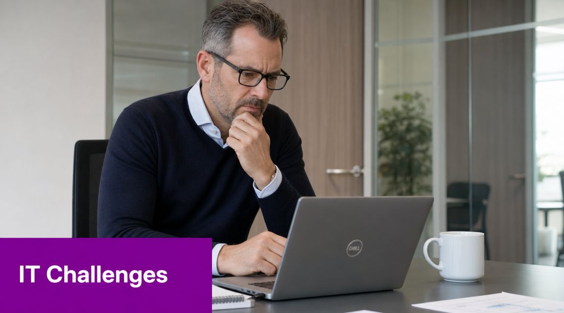 A professional man with glasses sitting at an office desk looking concerned at his Dell laptop.