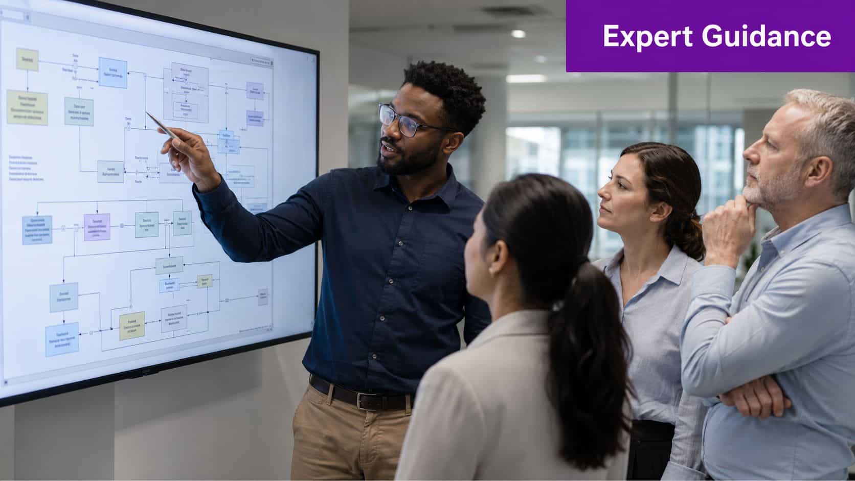 A professional man explaining digital business flow charts on a large screen to colleagues in an office.