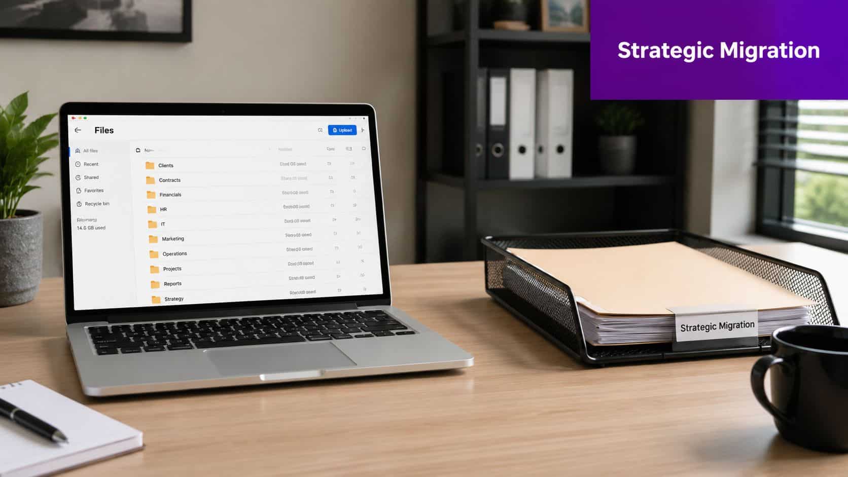 A modern workspace with a laptop showing cloud file storage next to a physical paper file tray.
