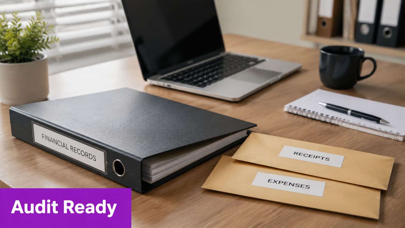 A professional desk setup with a financial records binder, envelopes labeled receipts and expenses, and a laptop.