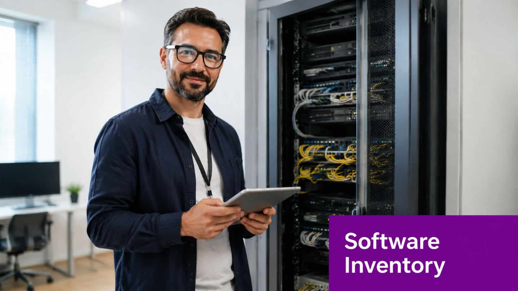 An IT specialist standing in a server room holding a digital tablet to manage software inventory records.