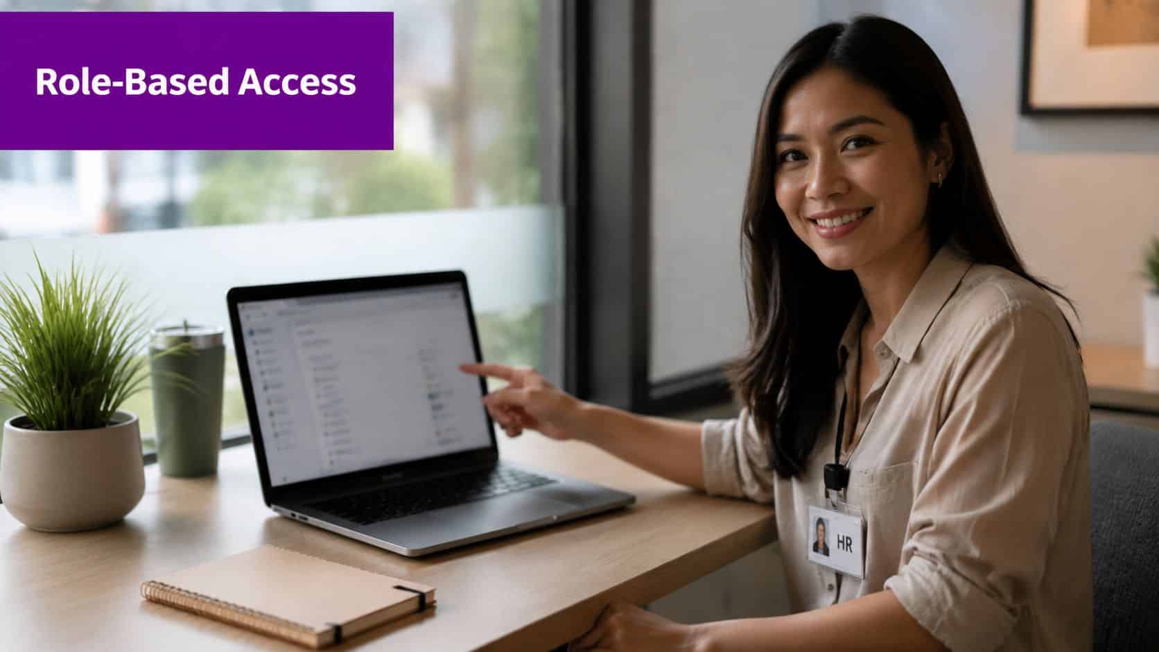 A female HR professional pointing at a laptop screen to demonstrate role-based software access features.