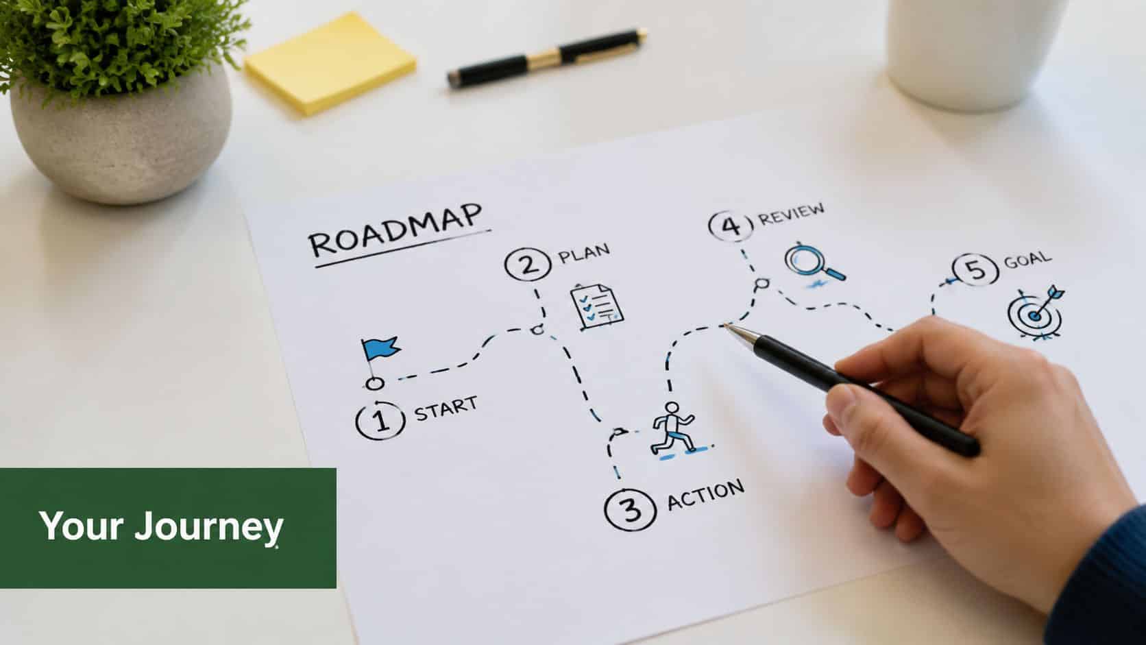 A hand holding a pen points to a hand-drawn roadmap illustration on a clean white desk.