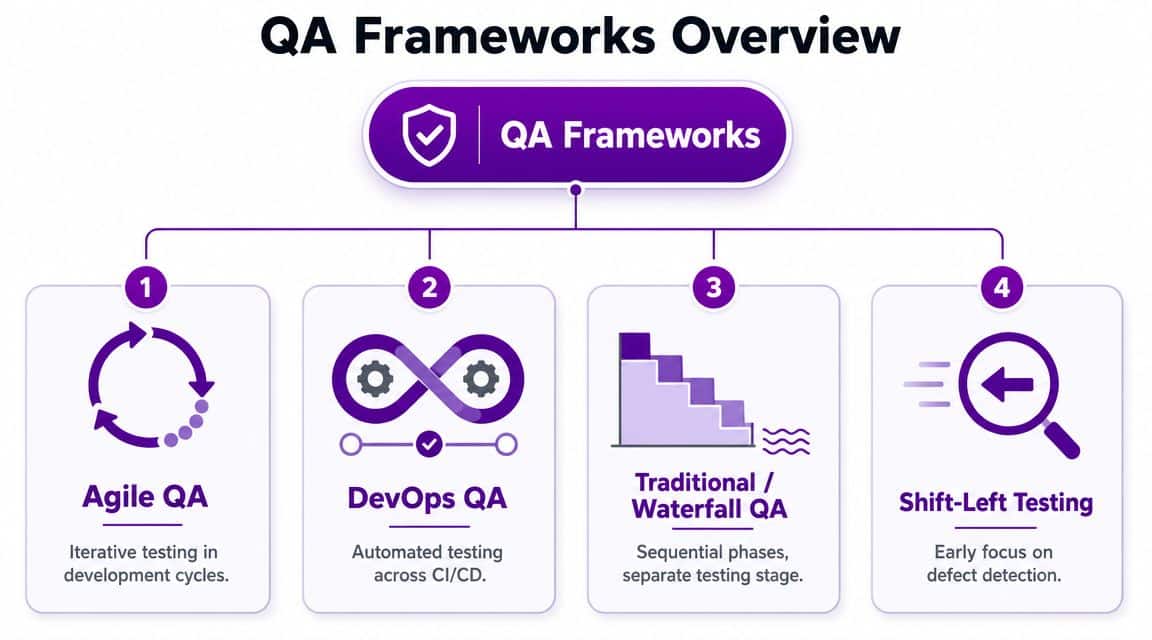 A diagram outlining four common QA frameworks including Agile, DevOps, Waterfall, and Shift-Left testing methods.