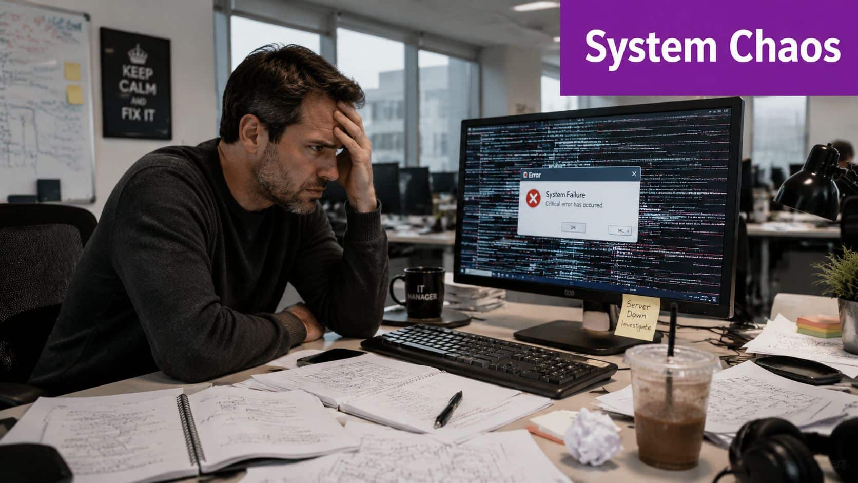 A stressed IT manager sits at a messy desk looking at a computer displaying a system failure message.