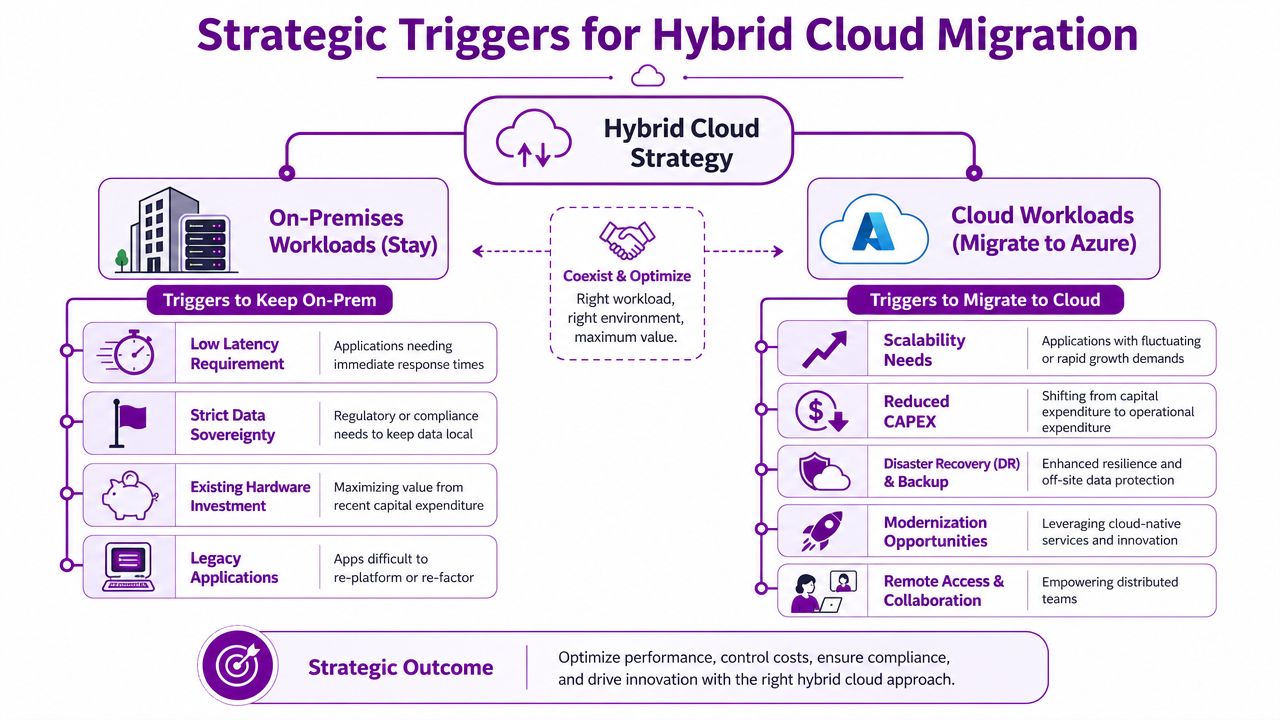 A diagram illustrating the strategic triggers for adopting a hybrid cloud strategy for business infrastructure migration.