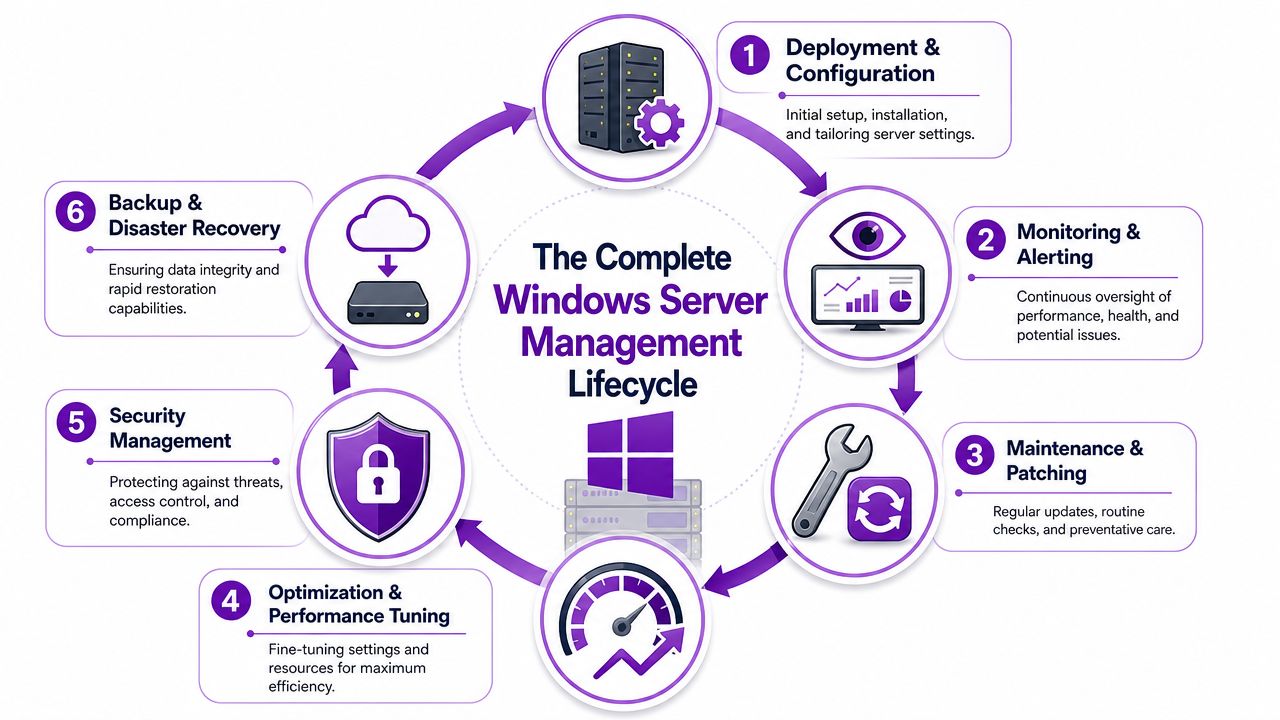 A circular diagram illustrating the six key stages of the complete Windows Server management lifecycle for IT infrastructure.