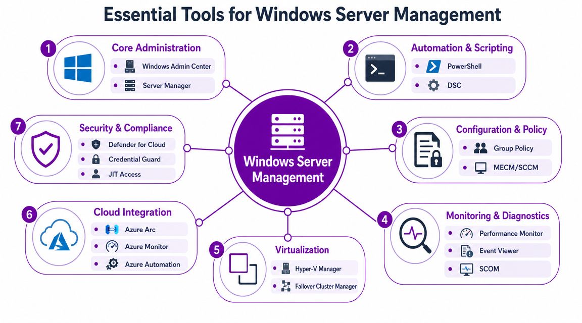 A diagram illustrating essential tools for Windows Server management categorized into seven key administrative and technical areas.