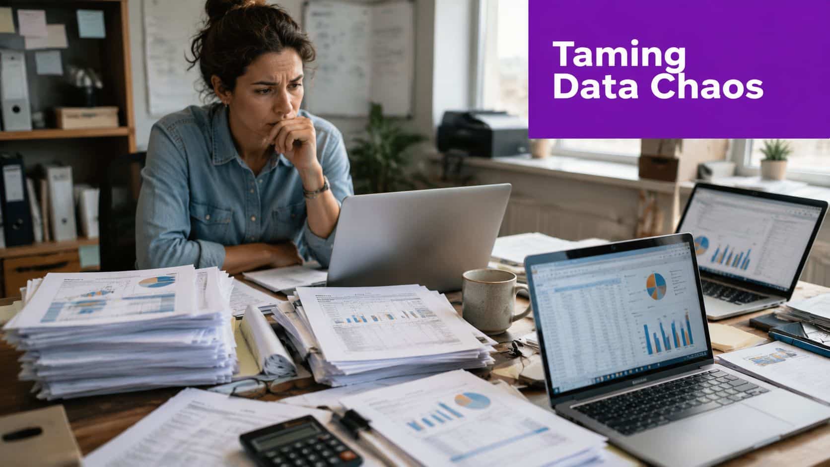 A professional woman looking stressed while reviewing financial charts and documents at her cluttered office desk.